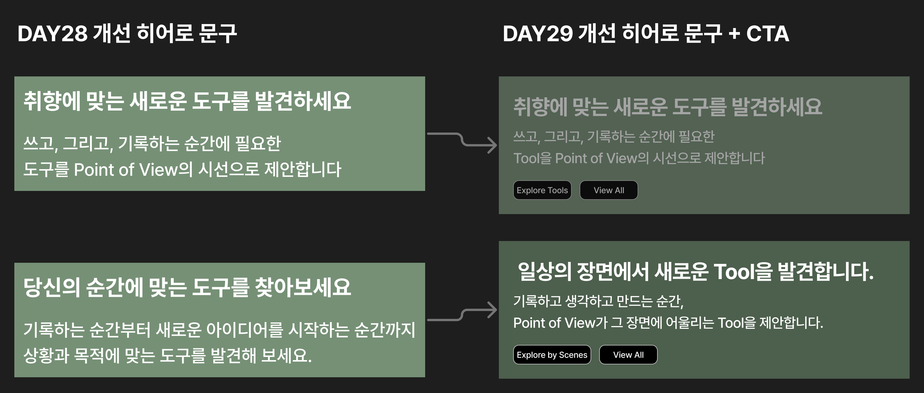 DAY28 개선 히어로 문구와 DAY29 개선 히어로 문구 + CTA 비교